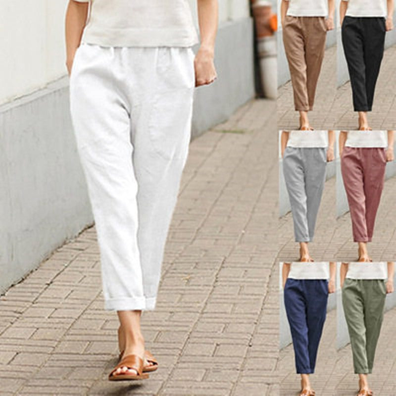 Linen Cotton Loose Leg Cropped Pants