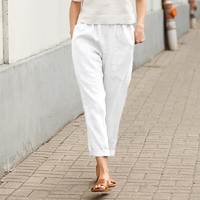 Linen Cotton Loose Leg Cropped Pants