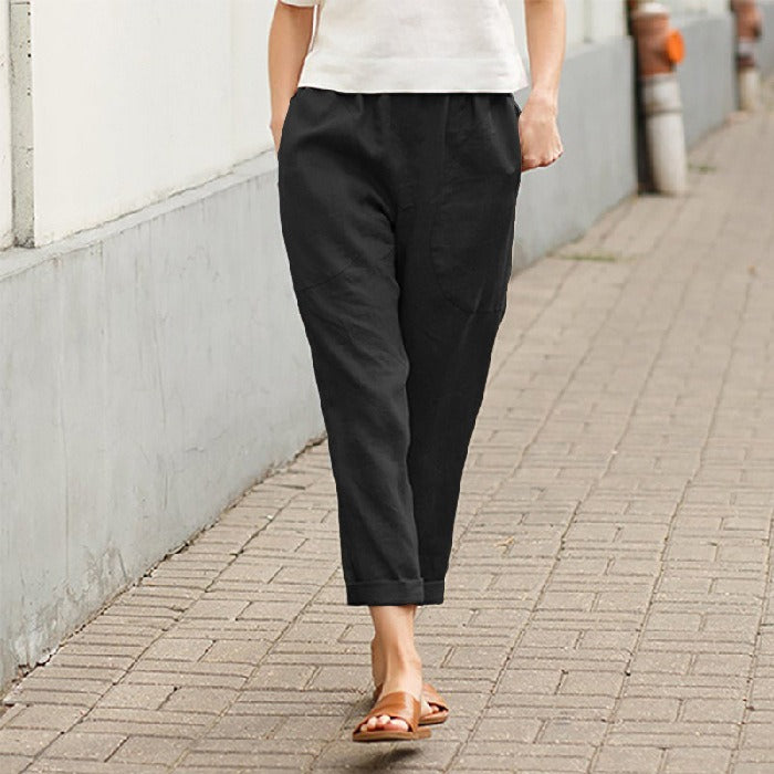 Linen Cotton Loose Leg Cropped Pants