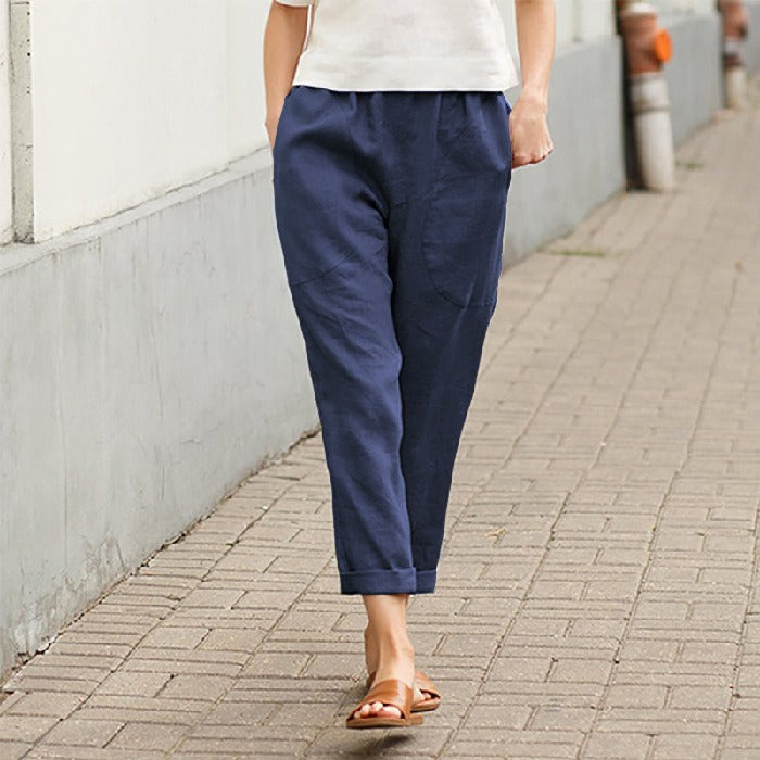 Linen Cotton Loose Leg Cropped Pants